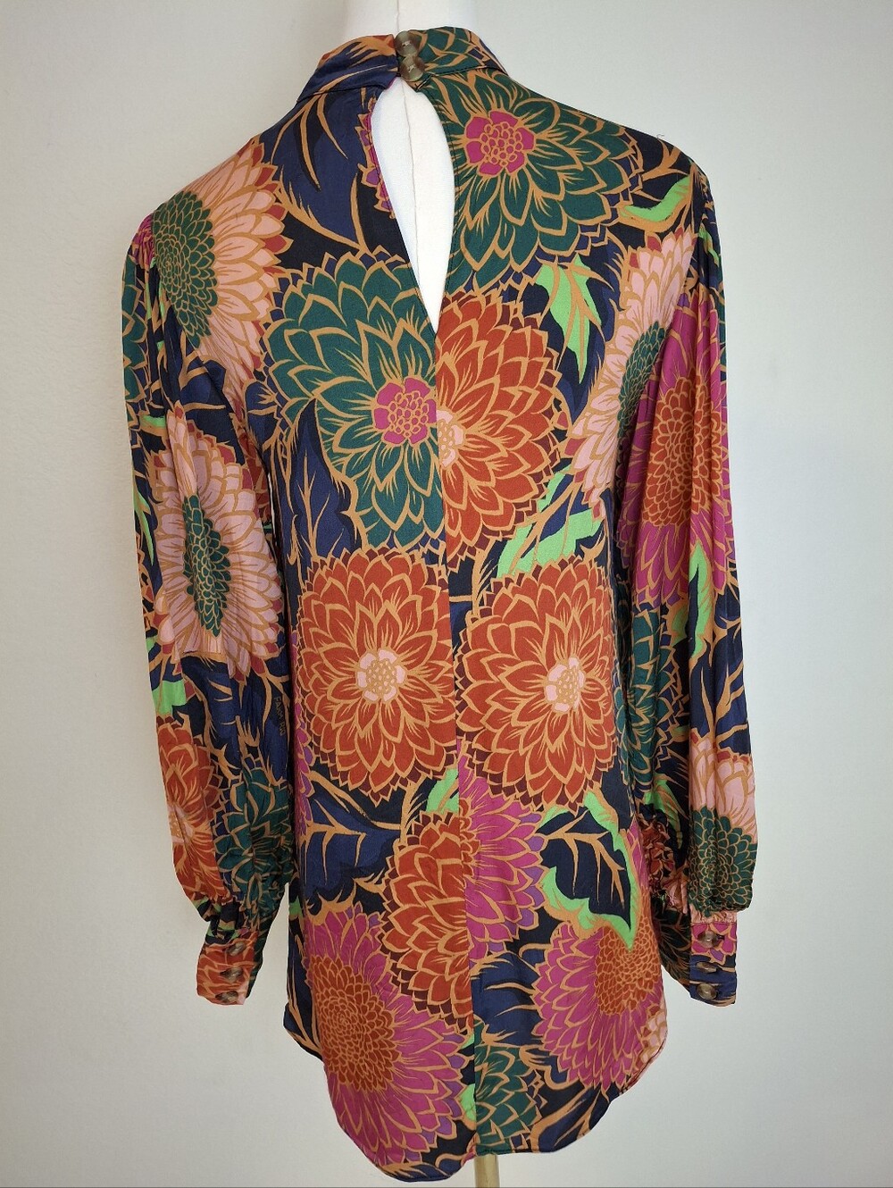 Farm Rio Anthropologie Vintage Garden Floral Balloon Sleeve Satin  Blouse - Picture 11 of 16
